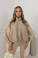 FERN BEIGE LEATHER PANELLED BOMBER JACKET