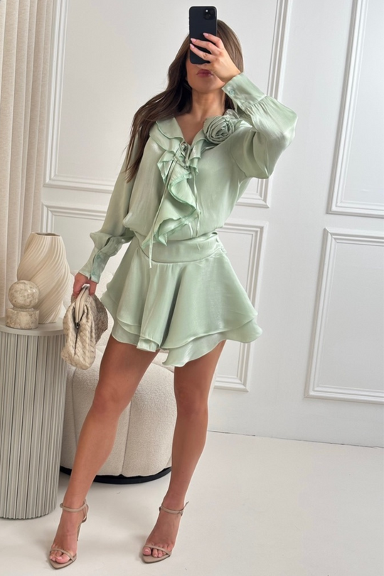 Paloma pistachio ruffle trim shirt & skirt co ord
