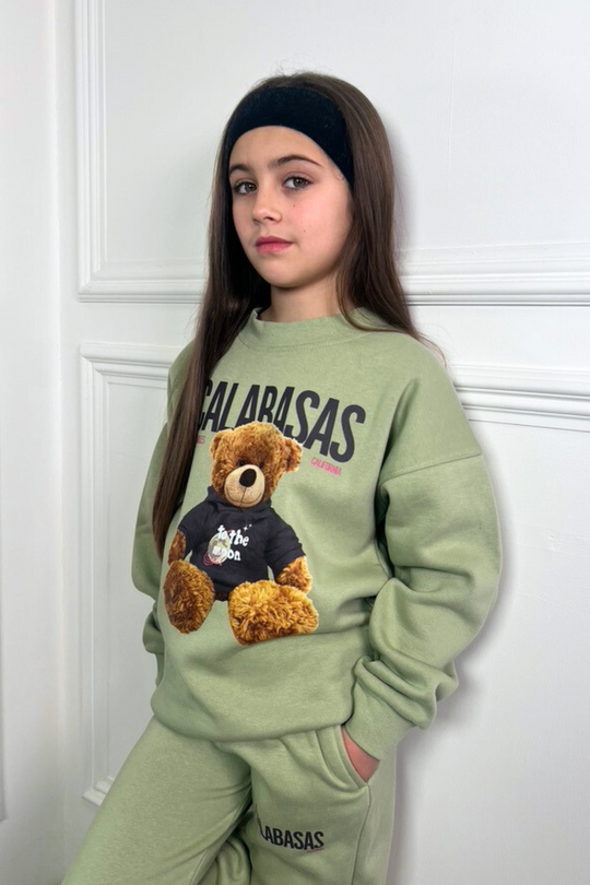Mini Calabasas bear sage printed sweater jogger loungewear