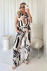 Teresa beige & black patterned shirt & trousers co ord co-ord