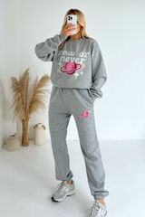 now or never melange grey printed sweater joggers premium loungewear