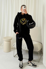 Smiley pattern black embroidered hoodie joggers loungewear