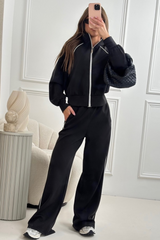 Elise black contrast piping zip through jacket & trouser loungewear