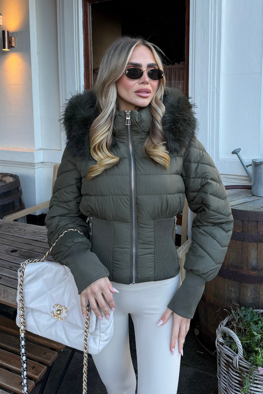 SORA KHAKI ZIP UP HOODED FUR SHORT PUFFER JACKET