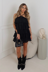 Lara black embroidered tiered halterneck mini dress