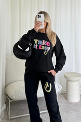 Take it easy black embroidered sweater joggers loungewear