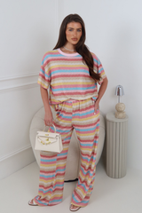 RIA PINK MULTI STRIPED COLOUR TROUSER CO ORD TWO PIECE SET
