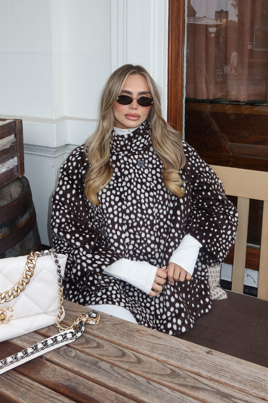 MAXINE CHOCOLATE & WHITE DEER FURRY HIGH NECK ZIP UP JACKET