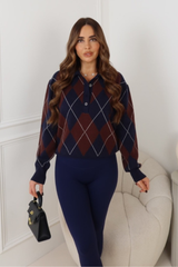 ARCHI CHOCOLATE CHECKERED BUTTONED UP COLLARED LONG SLEEVE TOP