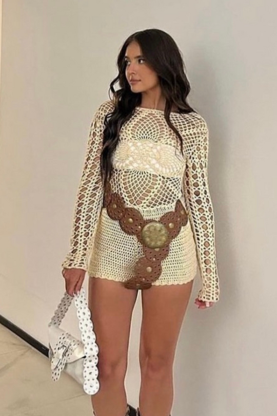 Alana beige crochet flower bodice playsuit stone