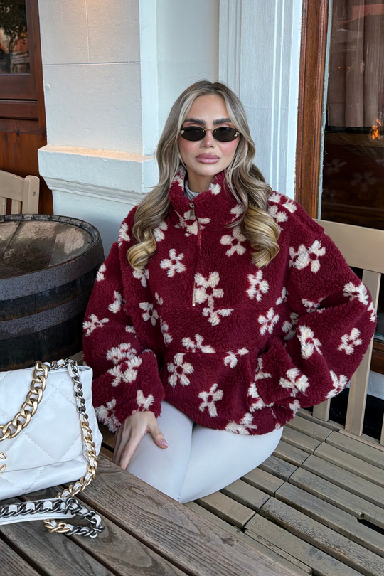 TILLY RED & CREAM FLOWER DETAILING 3/4 ZIP FLEECE