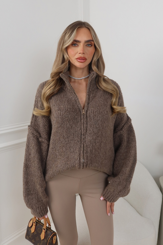 CHARLOTTE TAUPE KNITTED ZIP UP JUMPER