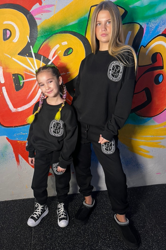 Mini black sporty wellness club embroidered sweater jogger loungewear