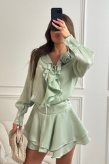 Paloma pistachio ruffle trim shirt & skirt co ord One Size (6-12) co-ord