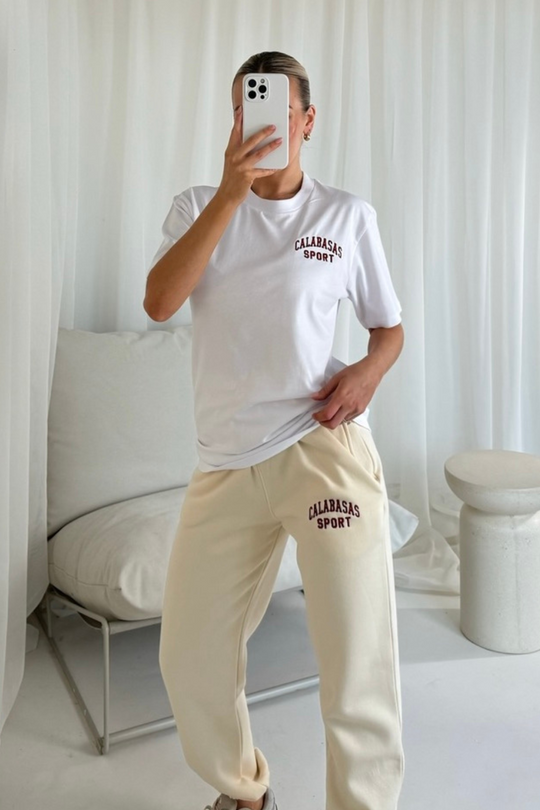 Calabasas sport burgundy embroidered t-shirt and ecru jogger