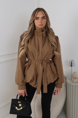 LUCINDER CHOCOLATE BELTED PUFF SLEEVE HIGH NECK JACKET