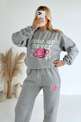 now or never melange grey printed sweater joggers premium loungewear