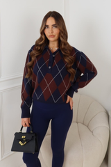 ARCHI CHOCOLATE CHECKERED BUTTONED UP COLLARED LONG SLEEVE TOP