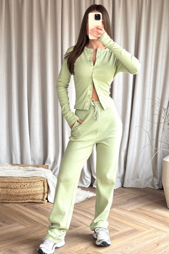 Alba pistachio ribbed button through top & wide leg trousers