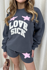 Love sick steel grey embroidered sweater shorts loungewear