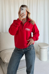 Athletics club red embroidered 3/4 zip sweater
