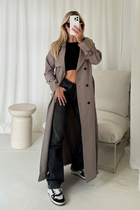 Mollie taupe long trench coat