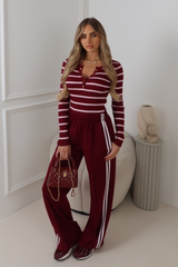 ANAIS BURGUNDY STRIPED RIBBED BUTTON UP LONG SLEEVE TOP