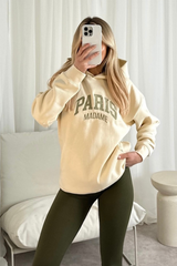 Paris ecru and khaki embroidered hoodie and legging set