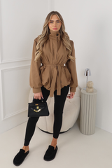 LUCINDER CHOCOLATE BELTED PUFF SLEEVE HIGH NECK JACKET