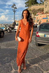 Tiah rust orange satin lace trim maxi dress
