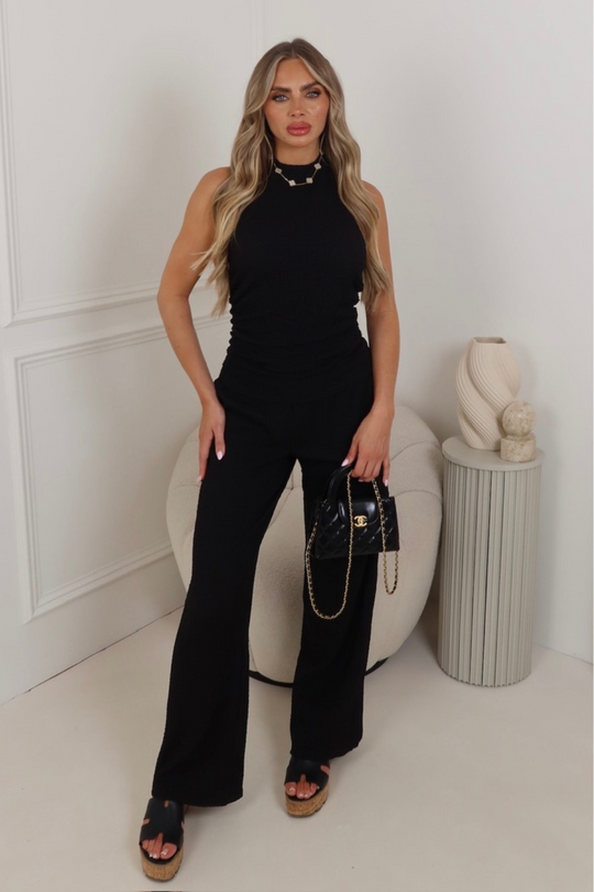 Ruby black crinkle halterneck top & trouser co ord
