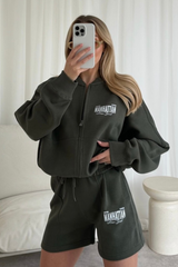 Manhattan khaki printed premium bomber jacket and shorts