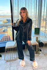 Verity black satin button up pyjamas