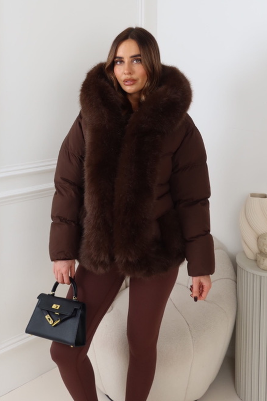 PALMA CHOCOLATE FAUX FUR HOOD & ZIP SHORT COAT