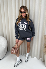 Love sick steel grey embroidered sweater shorts loungewear