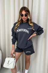 Portofino steel grey embroidered sweater shorts loungewear