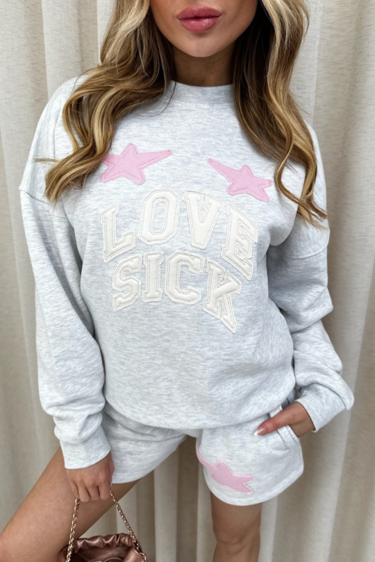 Love sick marl grey embroidered sweater shorts loungewear