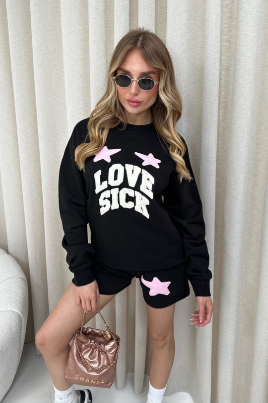 Love sick black embroidered sweater shorts loungewear
