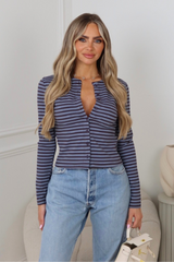 Mia blue striped button up long sleeve top