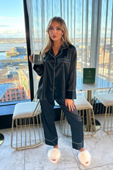 Verity black satin button up pyjamas