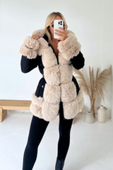 Orla Black & Cream Faux Fur Hooded Coat Coats Jackets