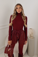 BRIANY BURGUNDY FAUX LEATHER LACE SHORTS