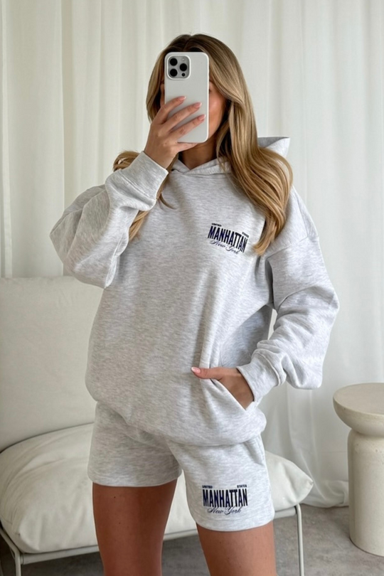 Manhattan marl grey printed hoodie shorts loungewear