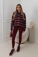 LYRA BURGUNDY  STRIPED BUTTON UP COLLARED JUMPER