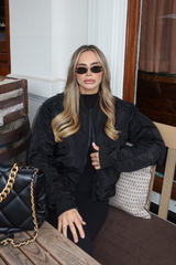 KYLIE BLACK RUCHED SLEEVE CROPPED BOMBER JACKET
