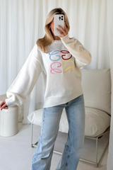 GeGe cream rainbow embroidered knit sweater