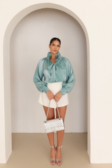 Kylie teal tie neck chiffon blouse