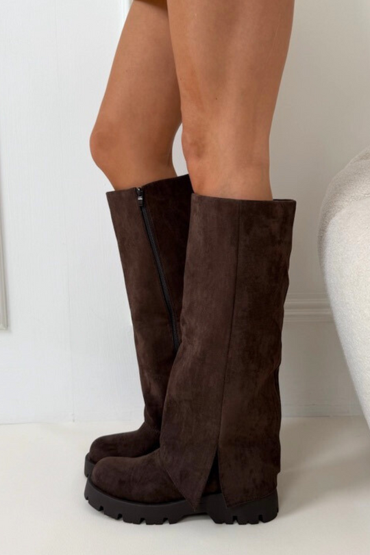 Alivia brown faux suede knee high flat boots