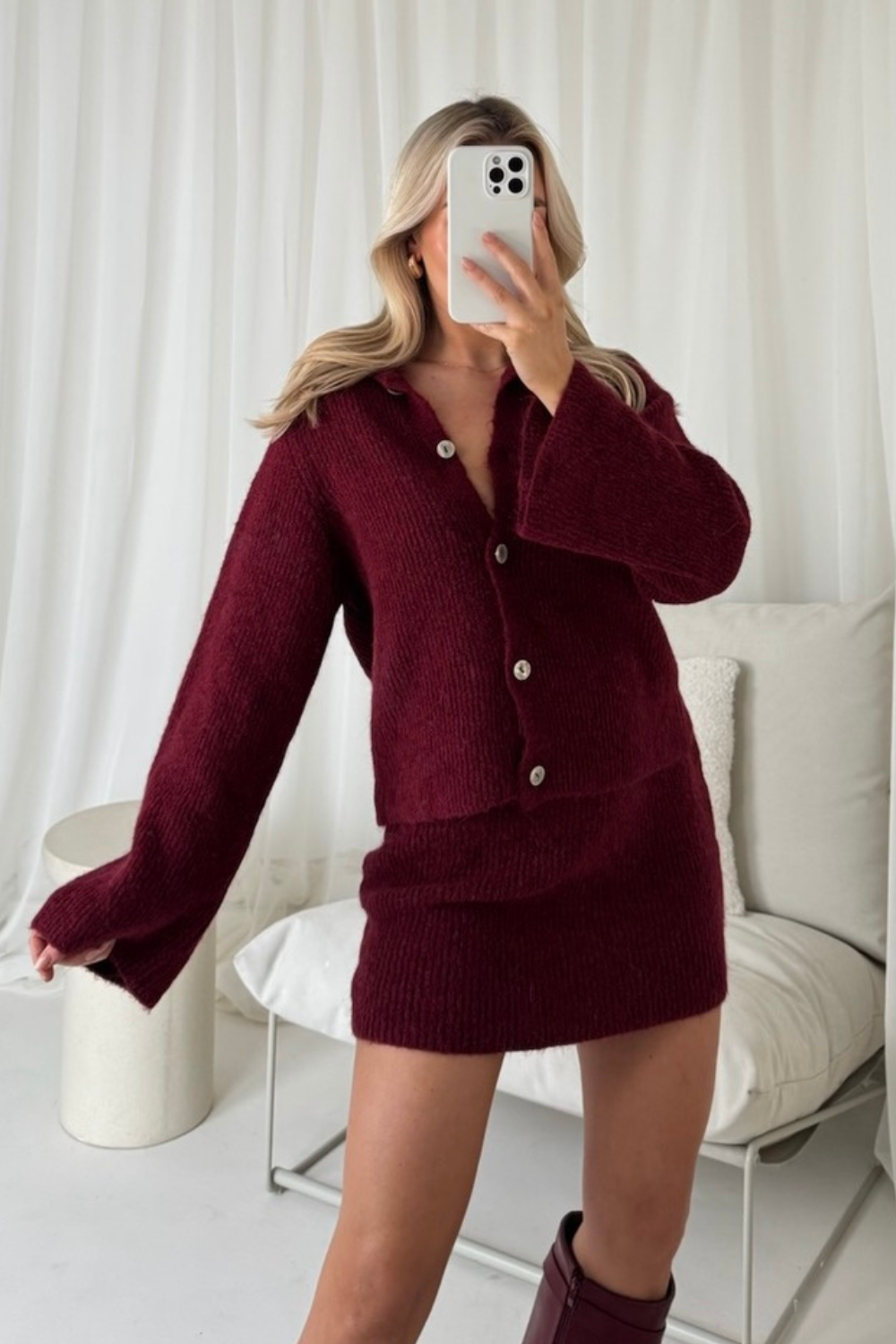 Burgundy Jumper And Midi Skirt Co Ord Leona Burgundy Knit Cardigan
