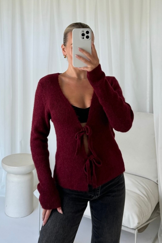 Carly burgundy tie front cardigan